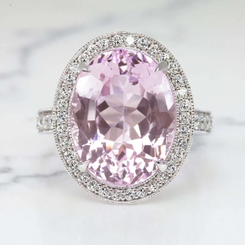 Women’s modern solitaire engagement rings-11.8ct KUNZITE DIAMOND COCKTAIL RING NATURAL BIG STATEMENT WHITE GOLD OVAL BIG