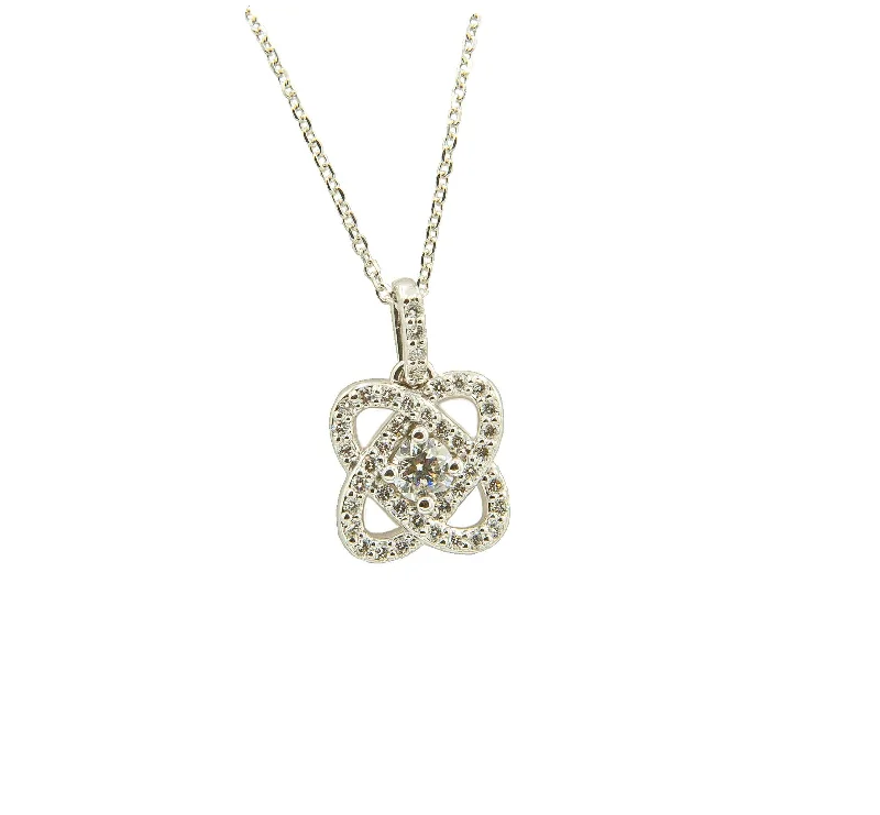 Women’s pearl necklace sets-14Kt White Gold Diamond Knot Pendant With Round Center Diamond & 40 Round Side Diamonds