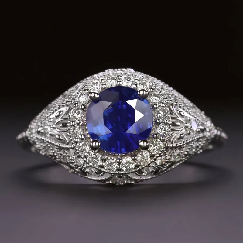 Women’s personalized engagement rings-VINTAGE STYLE SAPPHIRE DIAMOND COCKTAIL RING FILIGREE DOME 14k WHITE GOLD ROUND