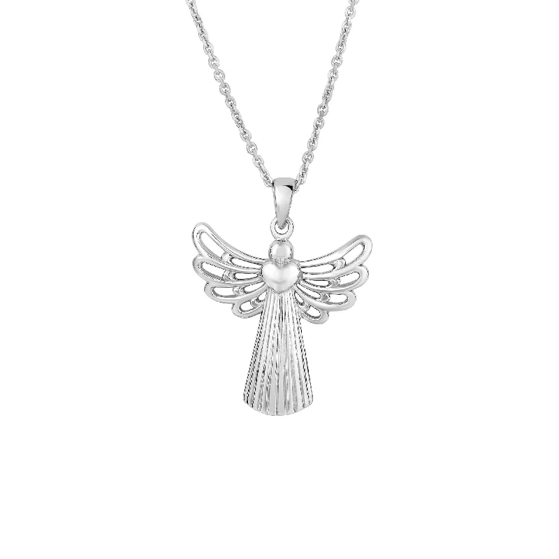 Women’s heart-shaped necklaces-Silver with Rhodium Finish 31X24mm Open Wing Angel Fancy Pendant On 18 inches Silver 1.4mm Cable Chain with Lobster Clap