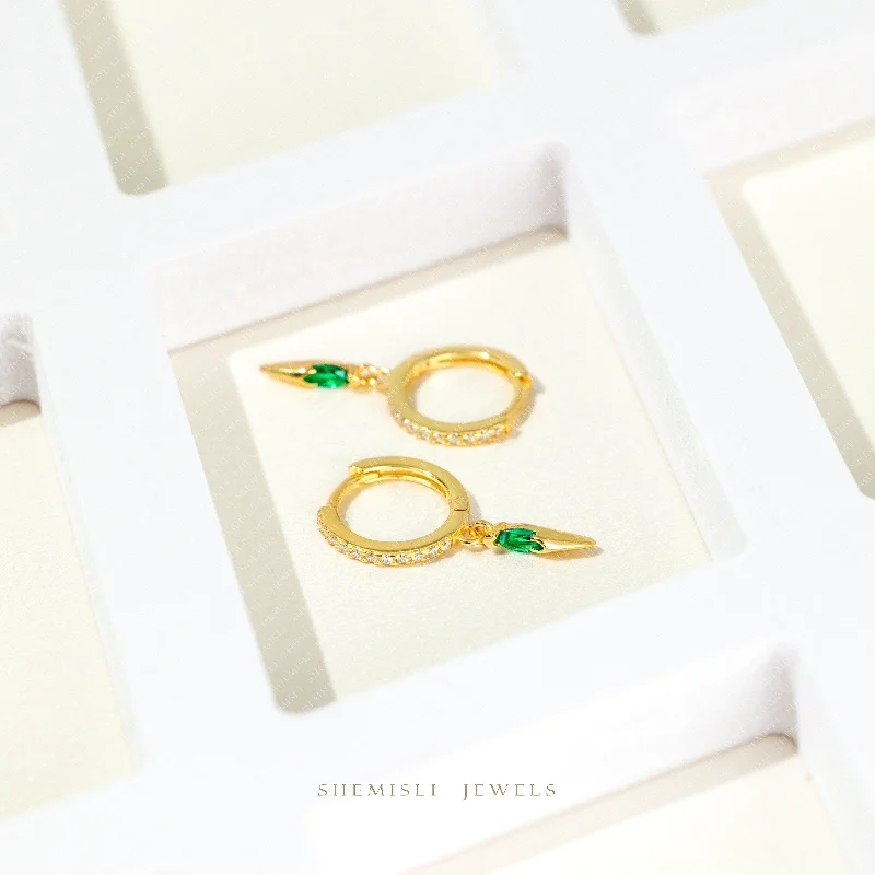 Women’s gemstone hoop earrings-Spike Emerald CZ Hoop Earrings, Gold, Silver SHEMISLI SH372