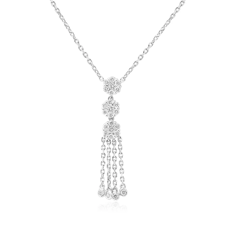 Women’s emerald necklaces-White Gold Diamond 3 Cluster Pendant With 4 Tassels