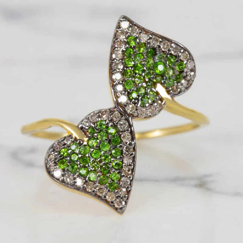 Women’s diamond engagement rings-NATURAL DIAMOND CHROME DIOPSIDE COCKTAIL RING PAVE LEAF SHAPE BOTANICAL GREEN