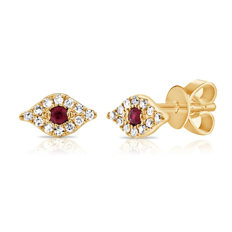 Women’s colored gemstone earrings-14k Gold & Diamond Ruby Evil Eye Studs