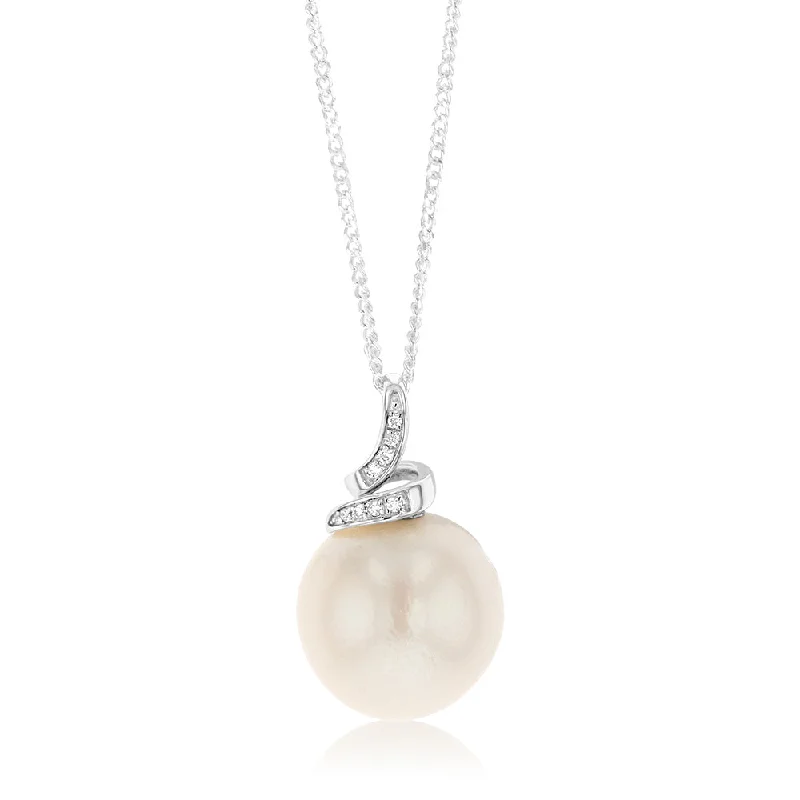 Women’s silver necklaces-White South Sea Pearl & Diamond Pendant on 45cm Sterling Silver Chain