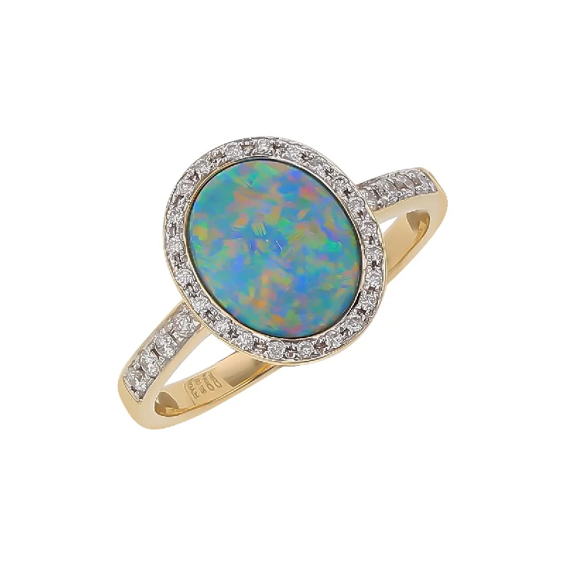 Women’s cushion-cut engagement rings-Opal Doublet and Diamond Halo Ring in 14K Yellow Gold, Size 7.5