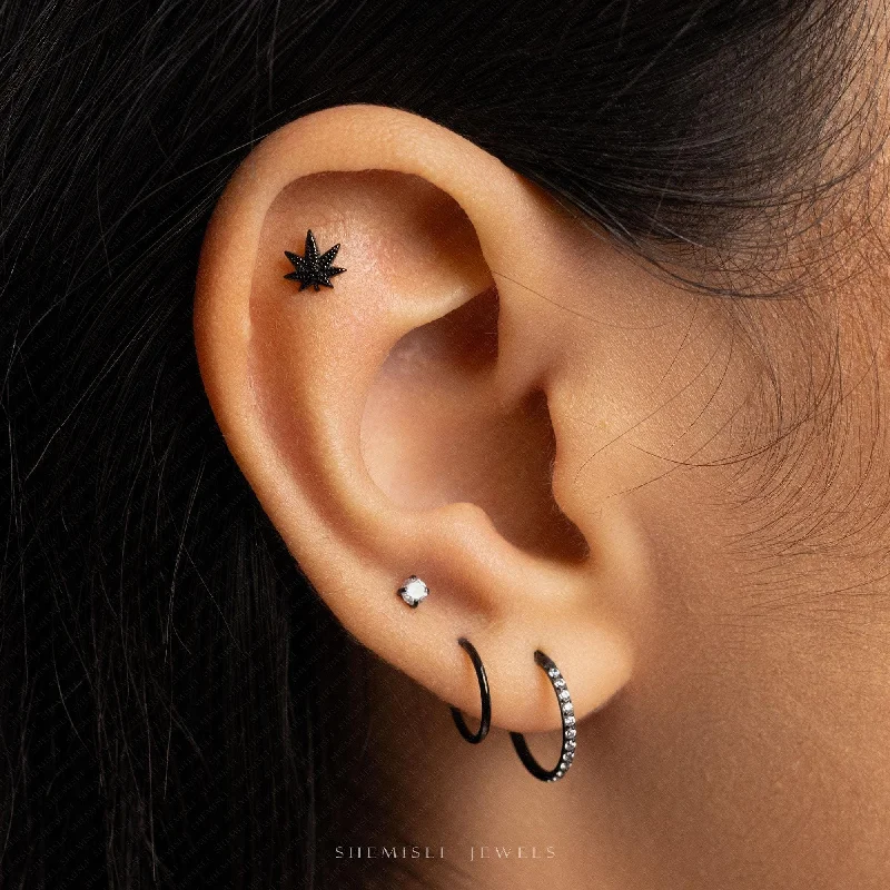 Women’s fine jewelry earrings-Tiny Black Weed Leaf Threadless Flat Back Earrings, 20,18,16ga, 5-10mm Unisex, Surgical Steel SHEMISLI SS1119