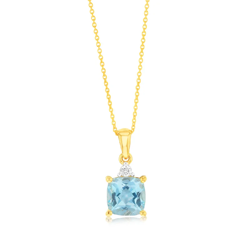 Women’s fashion statement necklaces-9ct Yellow Gold 1.75ct Sky Blue Topaz and Diamond Pendant on 45cm Chain