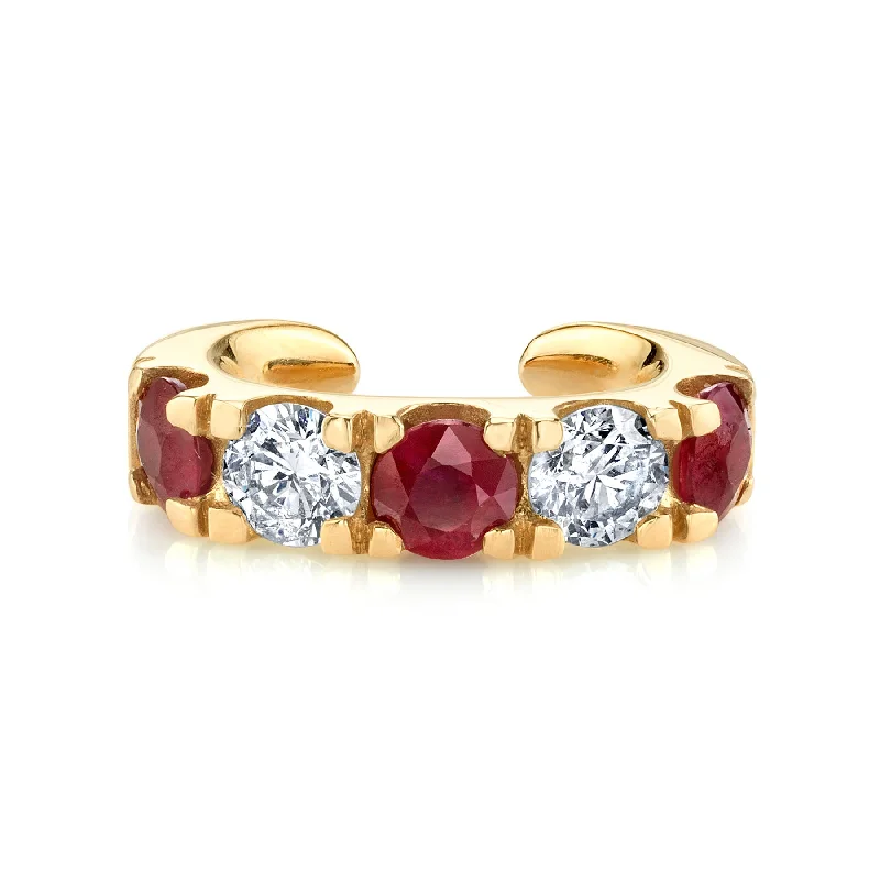 Women’s vintage earrings-Classic Ear Cuff - White Diamond and Ruby / 14k Yellow Gold