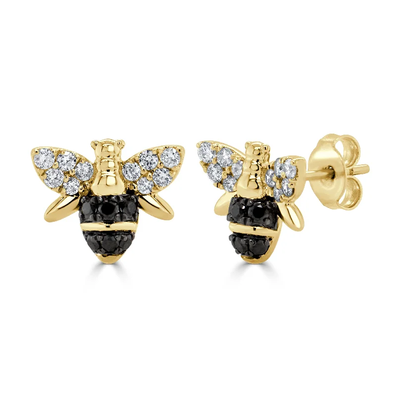 Women’s silver drop earrings-14k Gold Black & White Diamond Bumble Bee Stud Earring