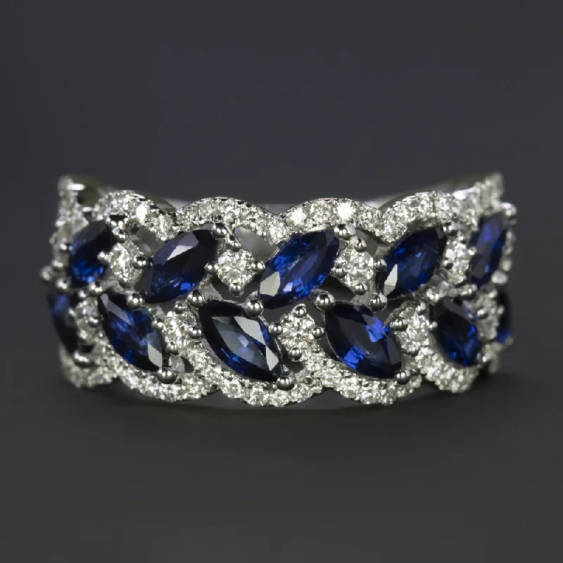 Women’s vintage engagement rings-2.61ct SAPPHIRE DIAMOND COCKTAIL RING 18k WHITE GOLD G VS WIDE BAND HERRINGBONE