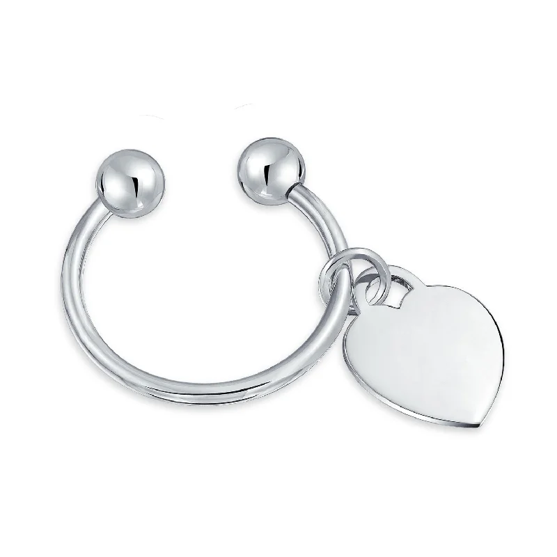 Women’s ruby necklaces-Heart Tag ID Key Chain with Ball Screw Tip and Horseshoe Key Ring Silver Engraved