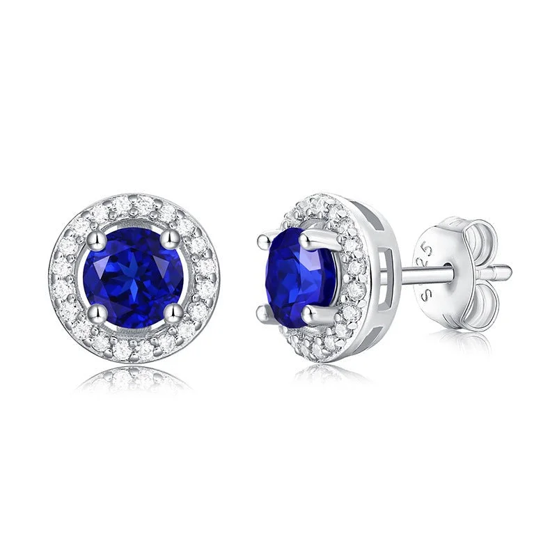 Women’s delicate earrings-Round Sapphire Halo Diamond Earrings | S925