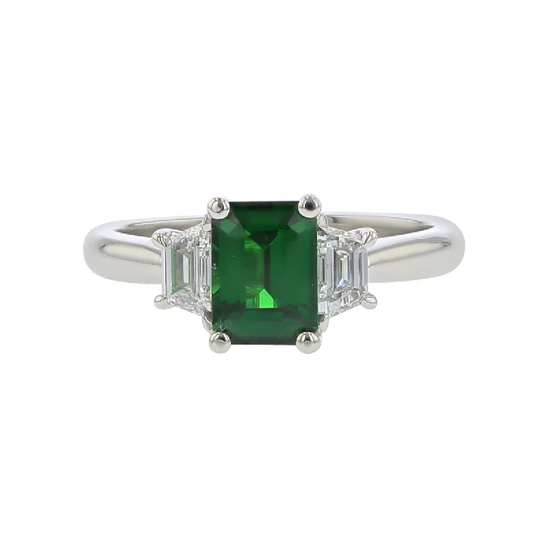 Women’s engagement rings with a twist-Platinum Tsavorite and Diamond 3-Stone Ring