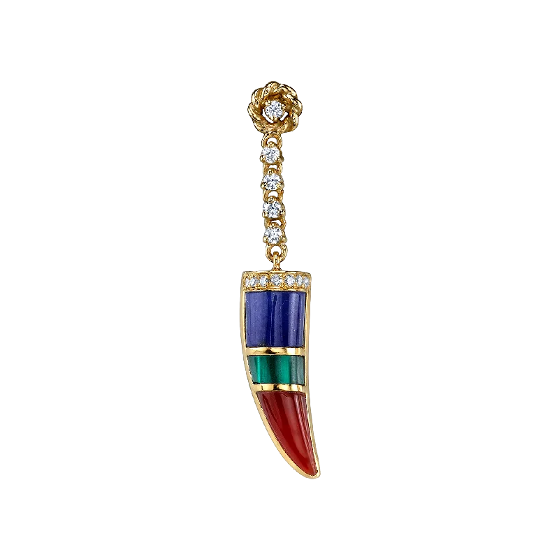 Women’s double hoop earrings-Stone Horn Earring - Carnelian, Lapis and Malachite / 14k Yellow Gold