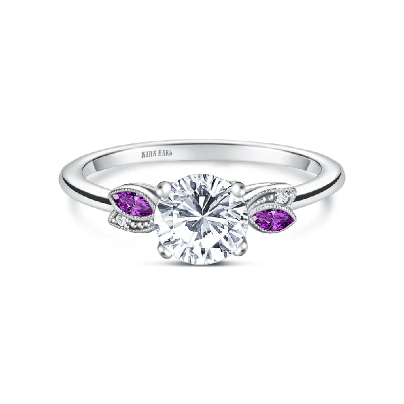 Women’s round diamond engagement rings-Dahlia Diamond and Amethyst Semi-Mount Ring in 14K White Gold for Round Center, Size 6.5