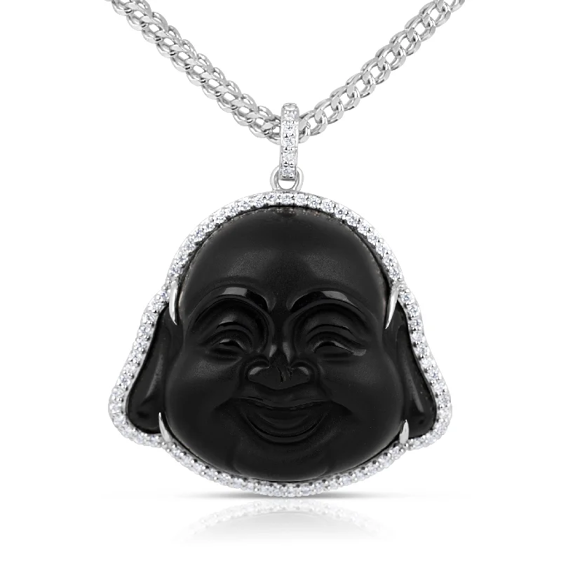 Women’s flower necklaces-Custom Made 14k White Gold Black Jade Happy Buddha Head Diamond Pendant