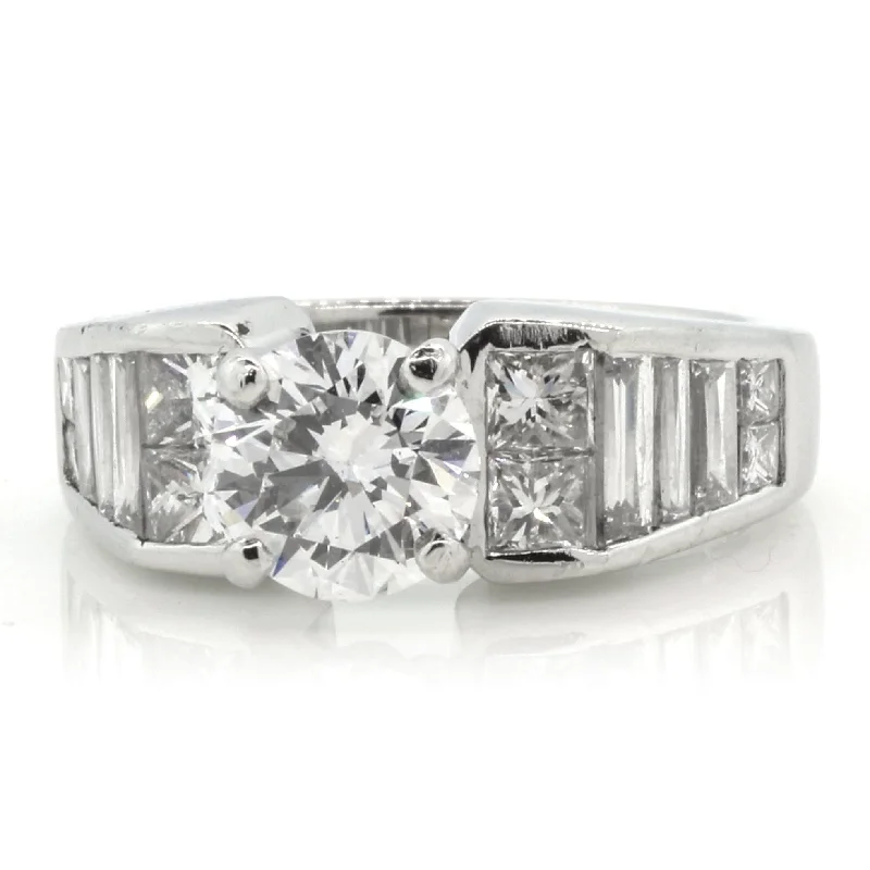 Women’s vintage style engagement rings-PLATINUM 1 ROUND BRILLIANT DIAMOND=1.33CT AND 8 PRINCESS CUT DIAMONDS=1.16CT RING