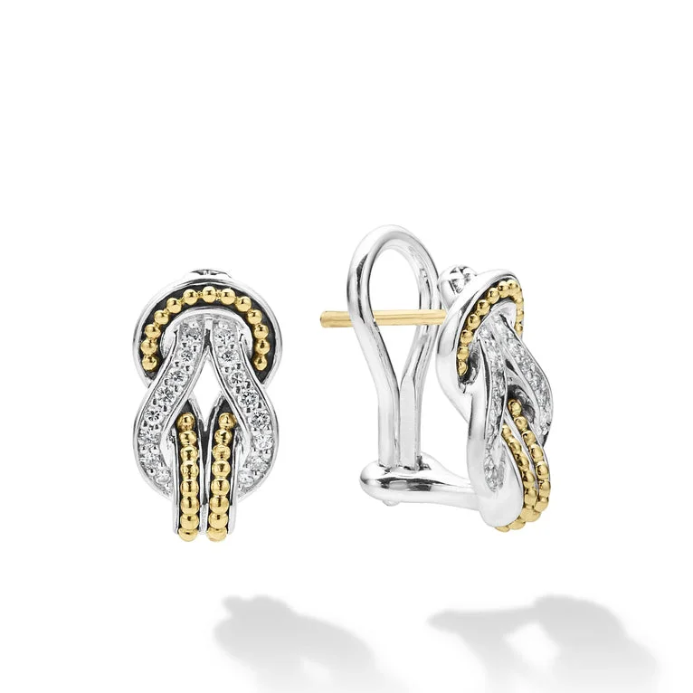 Women’s hoop earrings-Two-Tone Knot Diamond Huggie Earrings