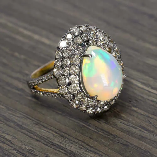 Women’s vintage diamond engagement rings-4ct NATURAL OPAL 2ct DIAMOND COCKTAIL RING PAVE DOME 3 ROW CLUSTER STATEMENT BIG