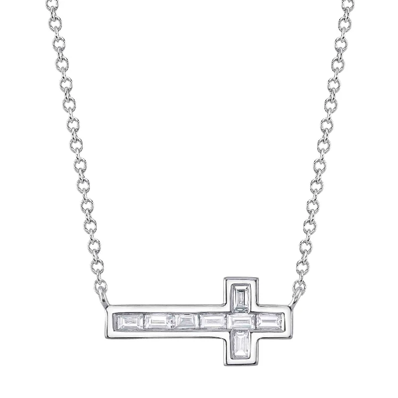 Women’s fashion necklaces-14kt. White Gold Sideways Cross Diamond Baguette Pendant