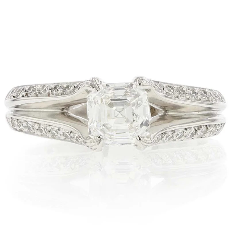 Women’s alternative engagement rings-PLATINUM ASSCHER DIAMOND AND 32 FULL CUT=0.23CT SPLIT SHOULDERS RING