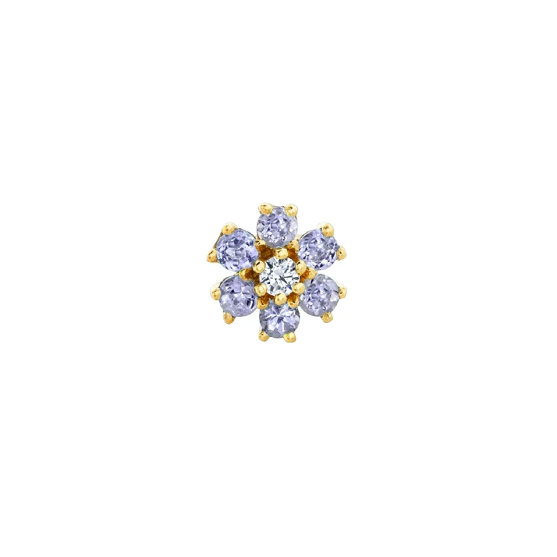 Women’s statement earrings-Mini Teddy Flower Stud - Tanzanite and White Diamond / 14k Yellow Gold