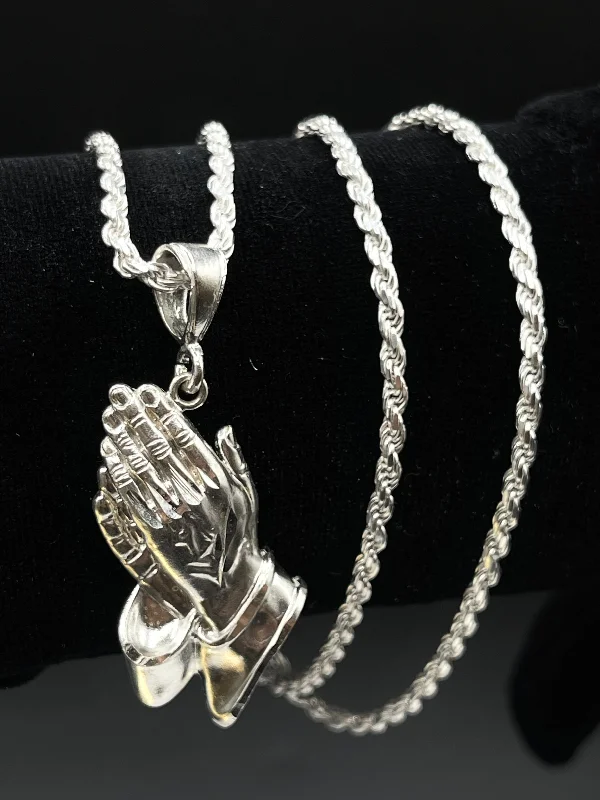 Women’s boho necklaces-Silver .925 medium Praying Hands   pendant or chain set!