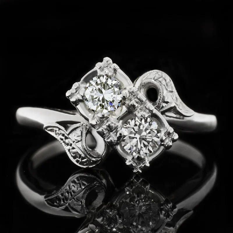 Women’s radiant-cut engagement rings-1/2ct IDEAL CUT H-I VS1 ROUND DIAMOND VINTAGE RING BYPASS TOI ET MOI MID CENTURY