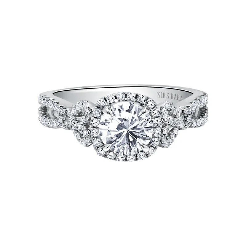 Women’s diamond eternity rings-Pirouetta Diamond Halo Semi-Mount Ring in 18K White Gold for Round Center, Size 6.5