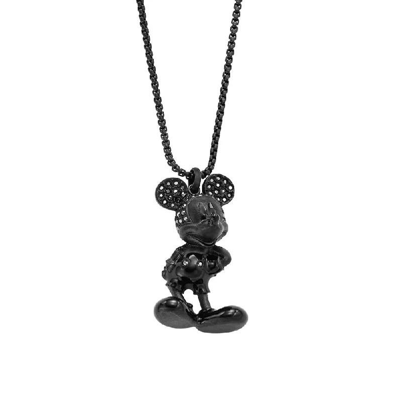 Women’s trendy charm necklaces-Disney Mickey Mouse Black Plated Stainless Steel 3D Pendant on Chain 100th Disney Anniversary