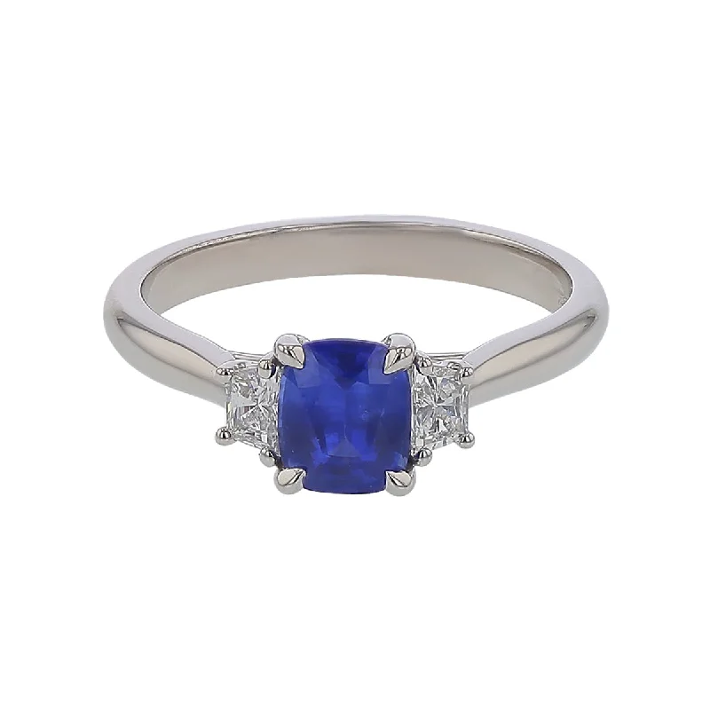 Women’s blue sapphire engagement rings-0.86ct Cushion Ceylon Sapphire (H) 0.22ct Trapezoid Diamonds 3 Stone Ring in White Gold Size 6