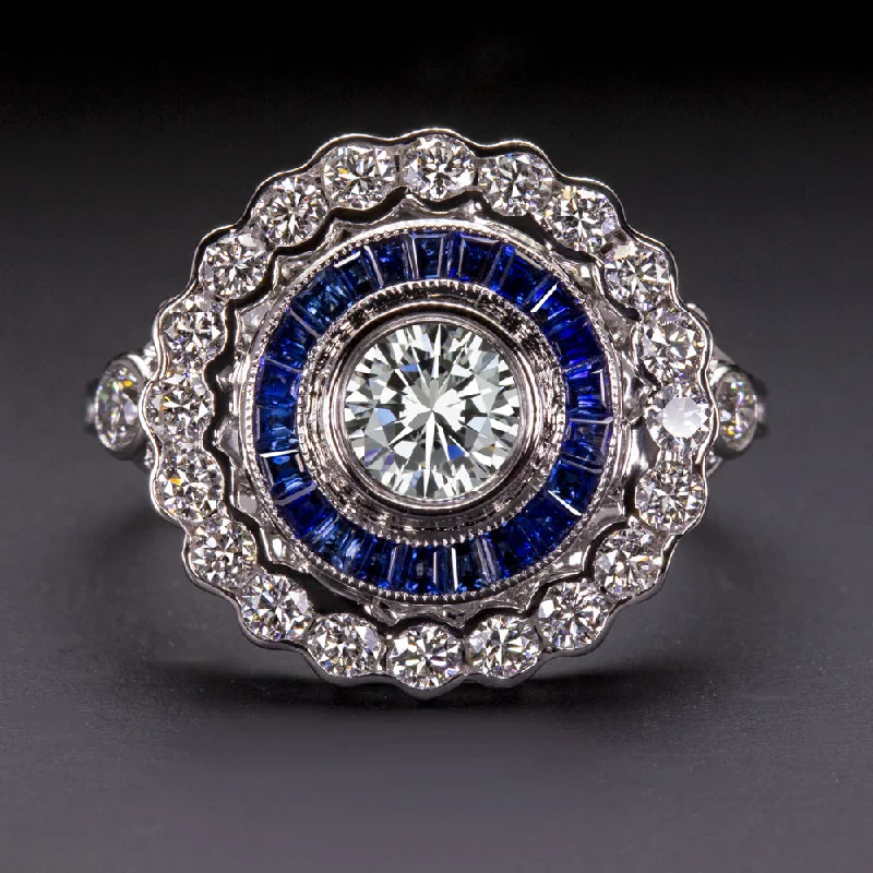 Women’s blue sapphire engagement rings-GIA CERTIFIED G VS1 DIAMOND COCKTAIL RING SAPPHIRE ART DECO VINTAGE STYLE HALO