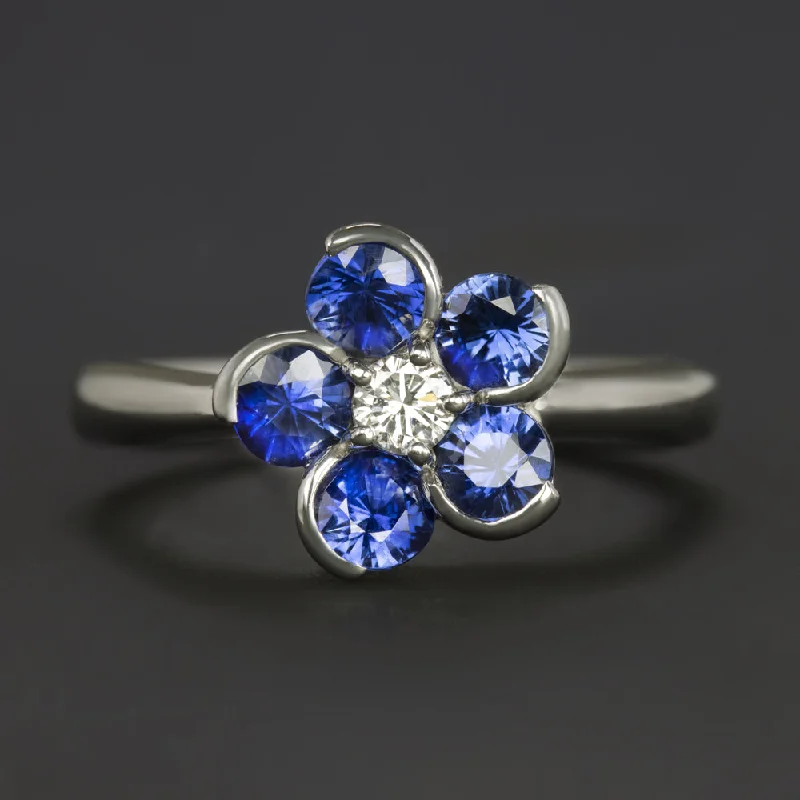 Women’s cushion-shaped engagement rings-DIAMOND SAPPHIRE FLOWER RING PLATINUM CLUSTER HALO EXCELLENT CUT NATURAL BLUE