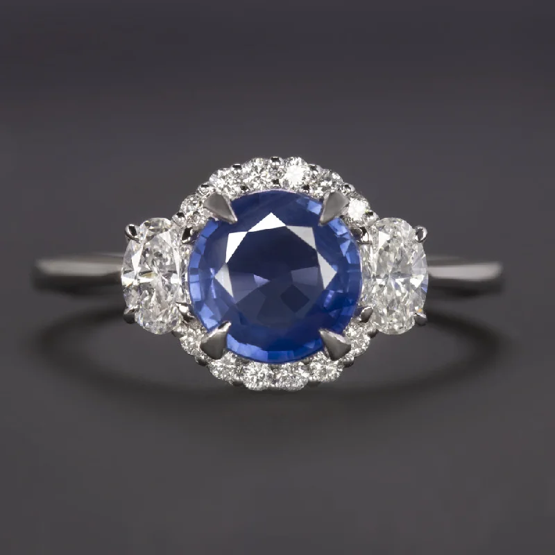 Women’s diamond engagement rings-1.92ct SAPPHIRE DIAMOND COCKTAIL RING THREE STONE HALO WHITE GOLD ROUND NATURAL