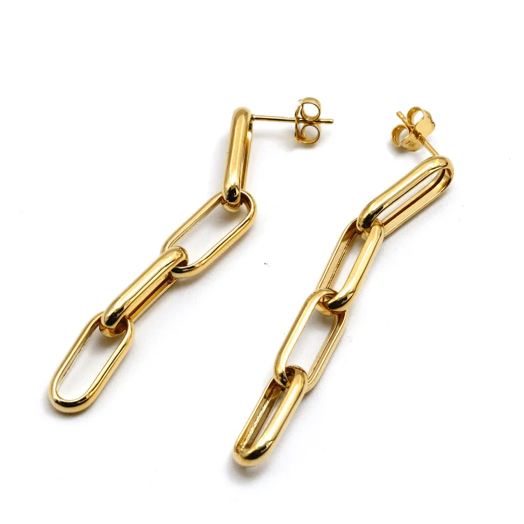 Women’s long earrings-Real Gold Thick Paper Clip Link Hanging Curved Stud Earring Set 1707 E1834