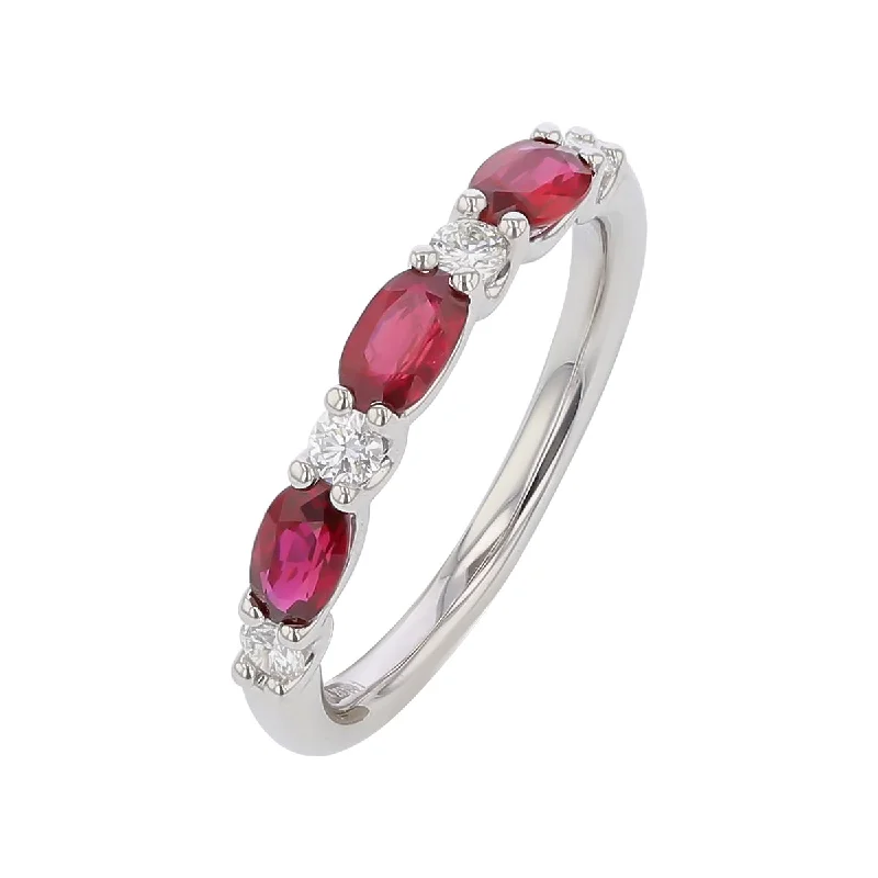 Women’s modern solitaire engagement rings-Precious Round Diamond and Oval Ruby Band in 18K White Gold, Size 6.5