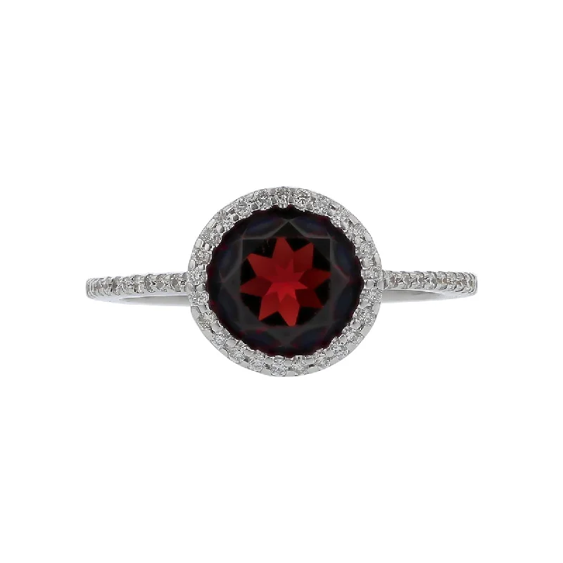 Women’s halo diamond engagement rings-Round Garnet and 0.11ct Diamond Halo Ring in 18k White Gold