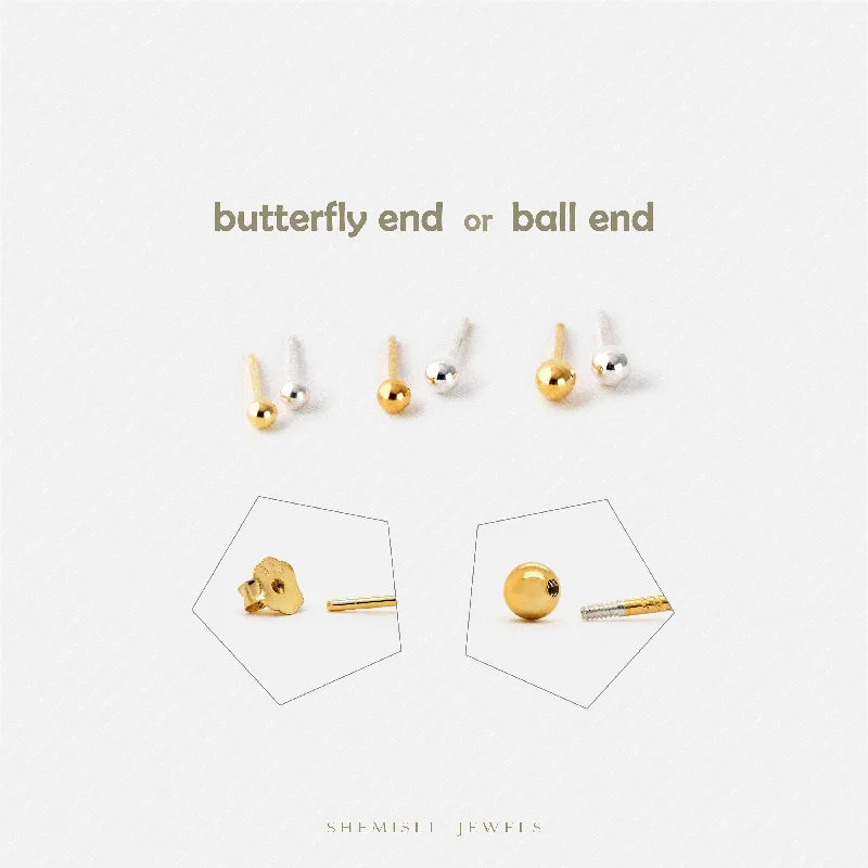 Women’s vintage earrings-Shiny Ball Studs Earrings, 2, 2.5, 3mm Unisex, Gold, Silver SS201, SS001, SS002 Butterfly End, SS845, SS846, SS847 Screw Ball End (Type A)