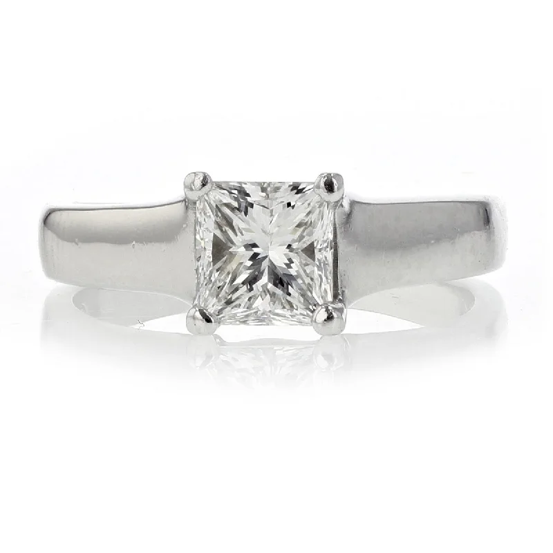 Women’s yellow diamond engagement rings-PLATINUM PRINCESS CUT DIAMOND=1.02CT CATHEDRAL SOLITAIRE RING