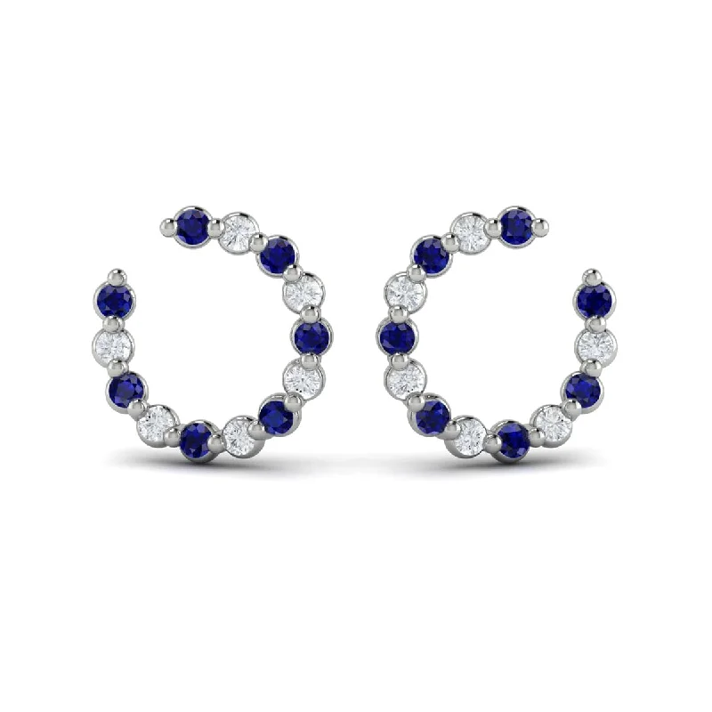 Women’s cubic zirconia earrings-Forward-facing Diamond and Blue Sapphire  Open Hoop Earrings