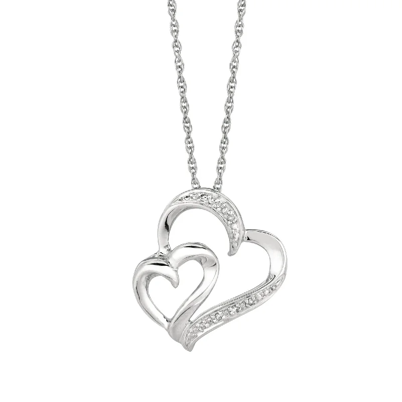 Women’s custom necklaces-Silver 18 inches Rhodium Finish Shiny 1.1mm Cable Chain with Lobster Clasp+0.03Ct White Diamond One Small+One Large Open Heart Pendant