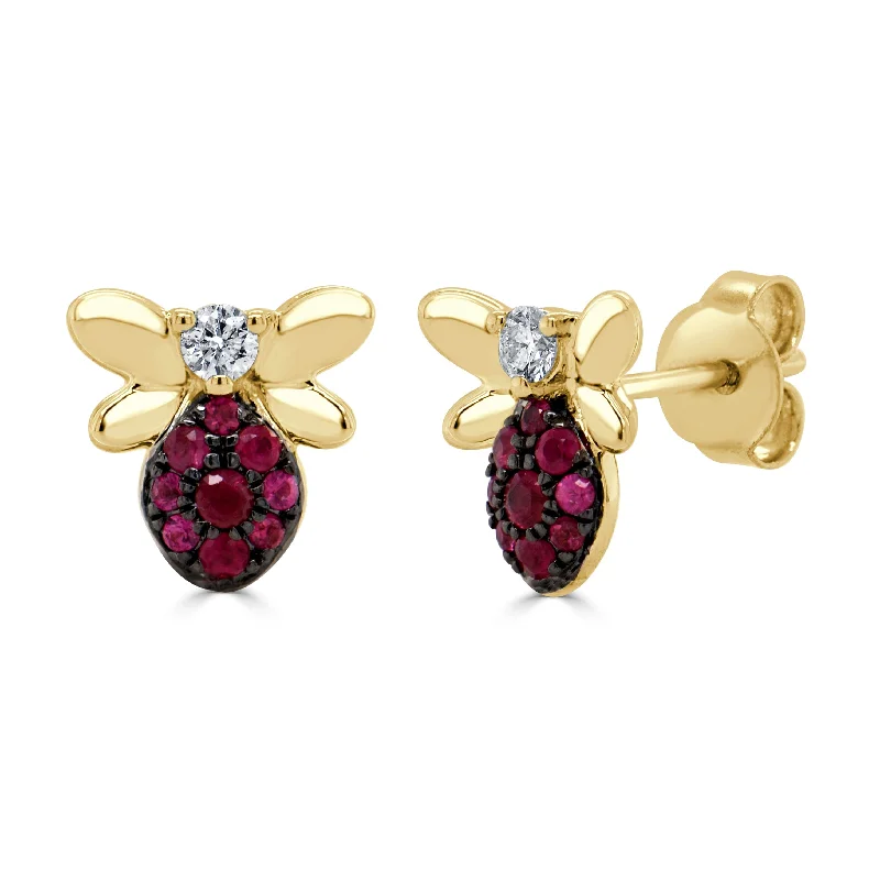 Women’s long earrings-14k Gold Ruby & Diamond Bumble Bee Earring