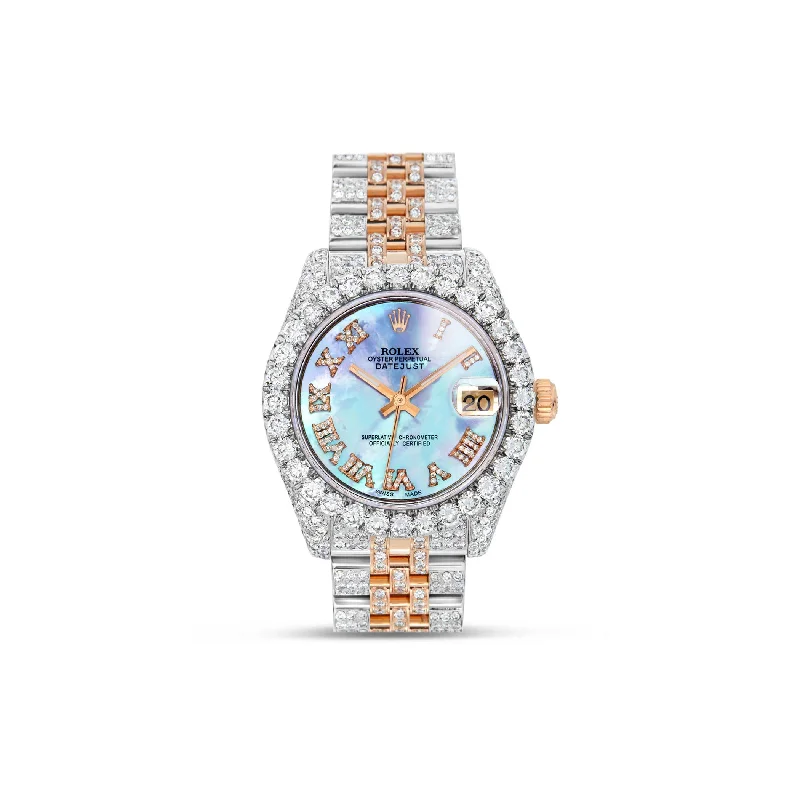 Women’s cushion-shaped engagement rings-10.78ctw Full Diamond Women's Rolex DateJust 31mm Two Tone Mother of Pearl