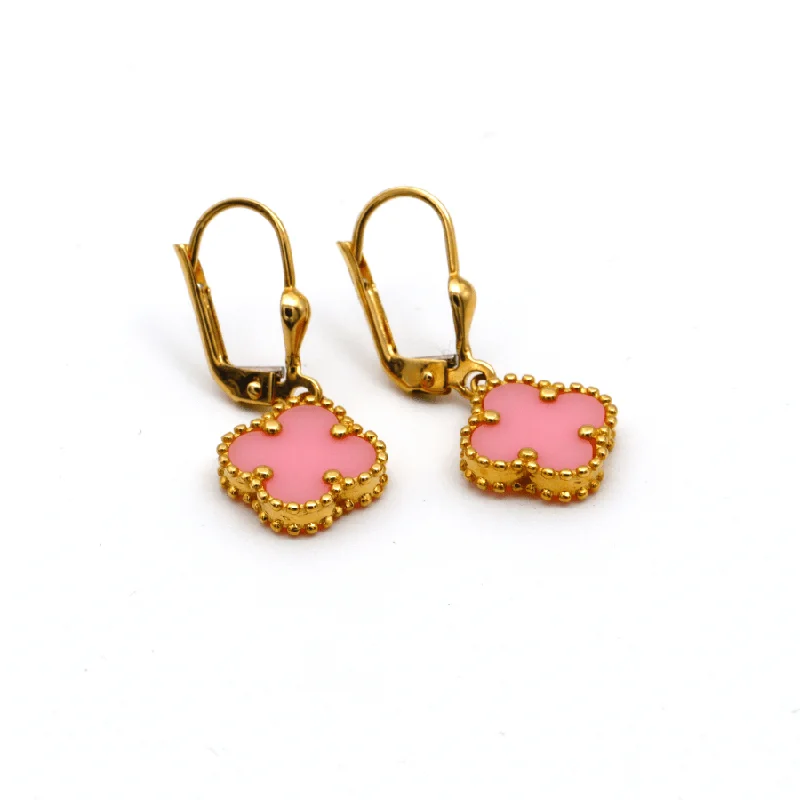 Women’s delicate earrings-Real Gold Pink Clover Hanging Clip Earring Set - Model GZJVN E1923