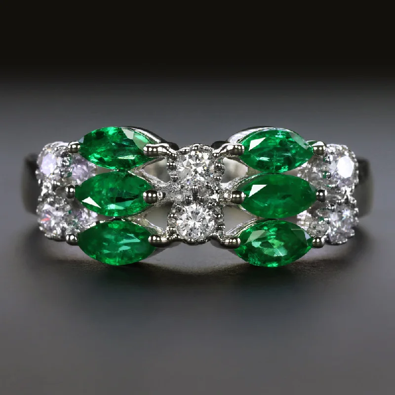 Women’s multi-stone engagement rings-EMERALD DIAMOND COCKTAIL RING 18k WHITE GOLD 3 ROW NATURAL WIDE MARQUISE SHAPE