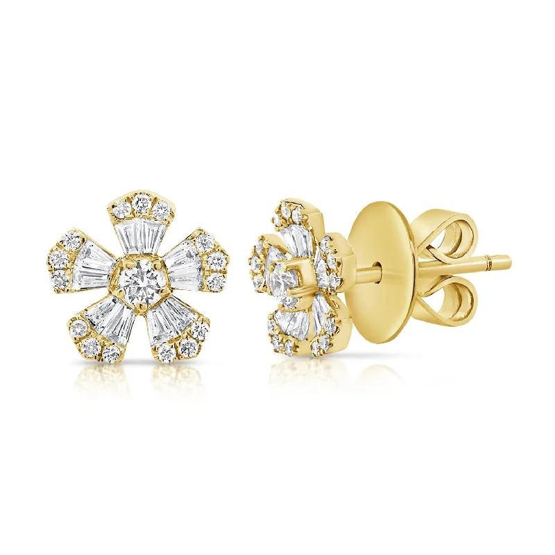 Women’s fashion stud earrings-14k Gold & Diamond Baguette Flower Stud Earrings