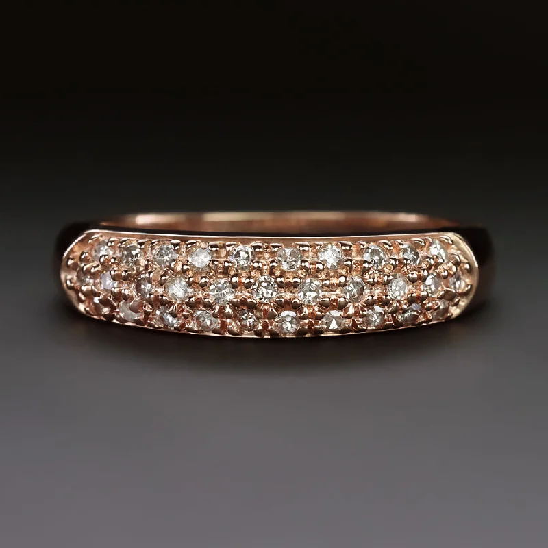 Women’s lab-grown diamond engagement rings-DIAMOND 14k ROSE GOLD PAVE BAND 3 ROW STACKING RING NATURAL COCKTAIL EVERYDAY