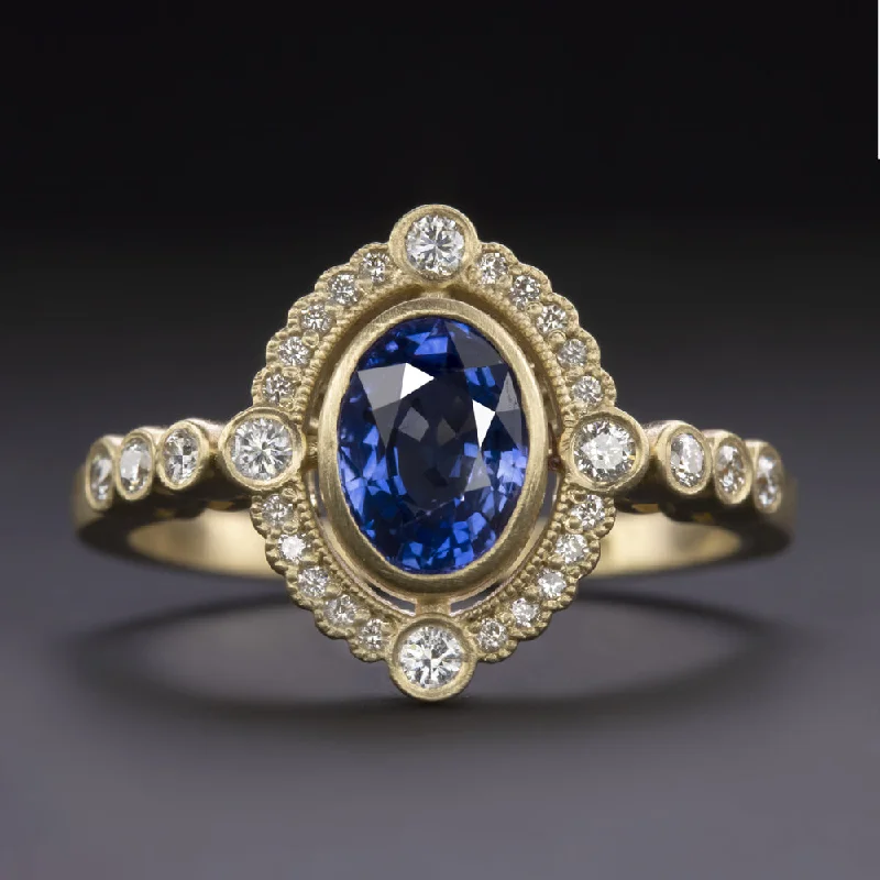 Women’s lab-grown diamond engagement rings-SAPPHIRE DIAMOND COCKTAIL RING VINTAGE STYLE 1.13ct SCALLOP HALO 14k YELLOW GOLD