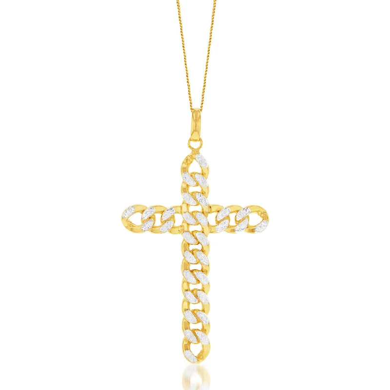 Women’s sterling silver pendant necklaces-9ct Yellow Gold Silverfilled Diamond Cut Curb Link Cross Pendant